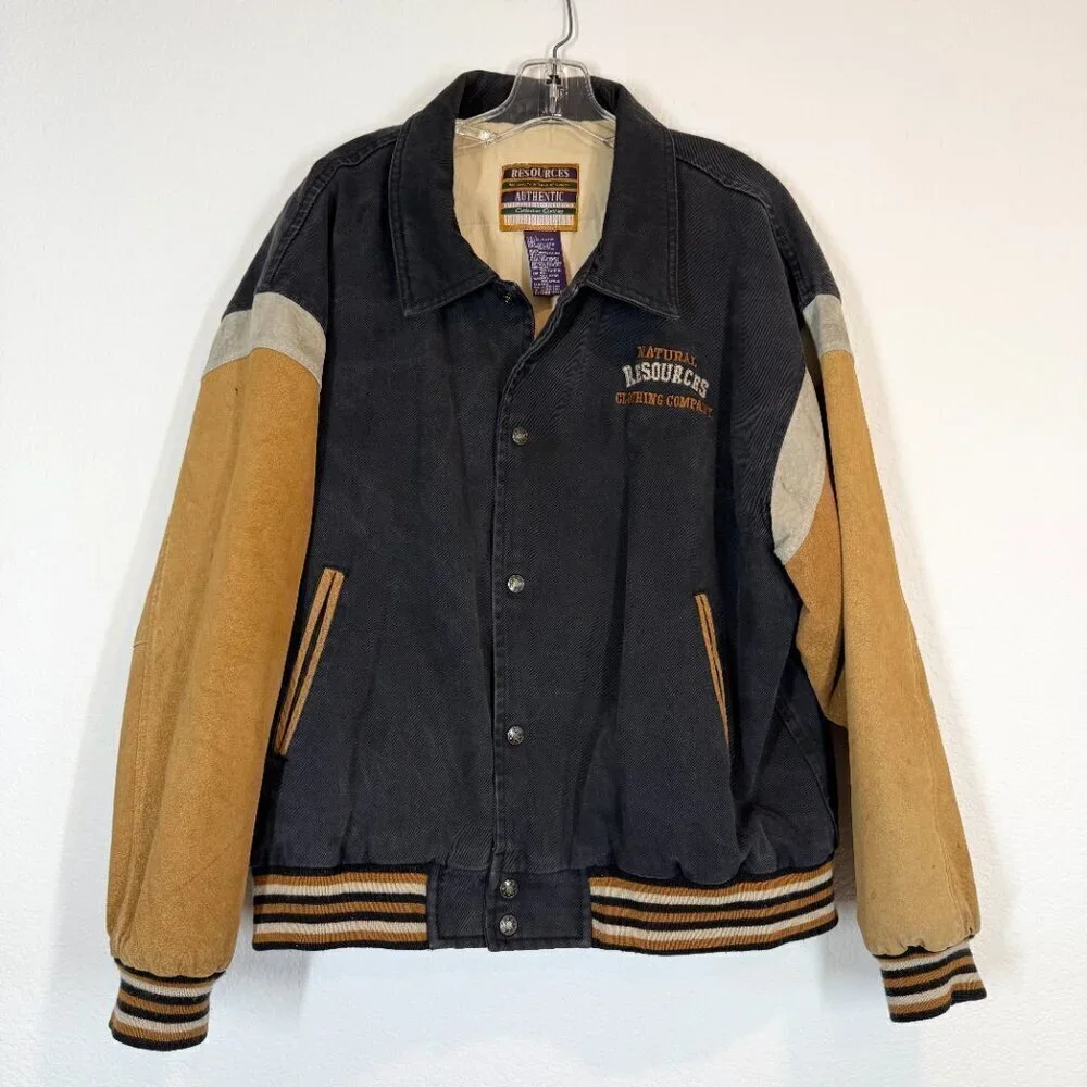 Vintage Varsity Suede Canvas Bomber Large 80s Black Brown Embroidered Jacket - Picture 10 of 10